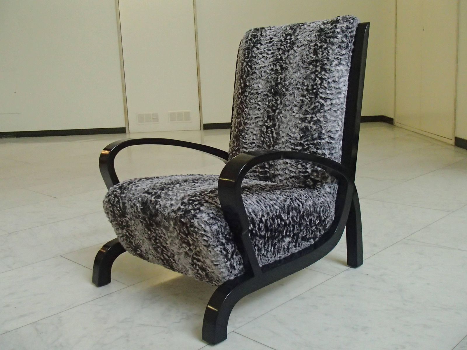 Bauhaus Pair Of Armchairs Black Wood And Faux Fur Astrakhan New Recovered Seat photo for sale