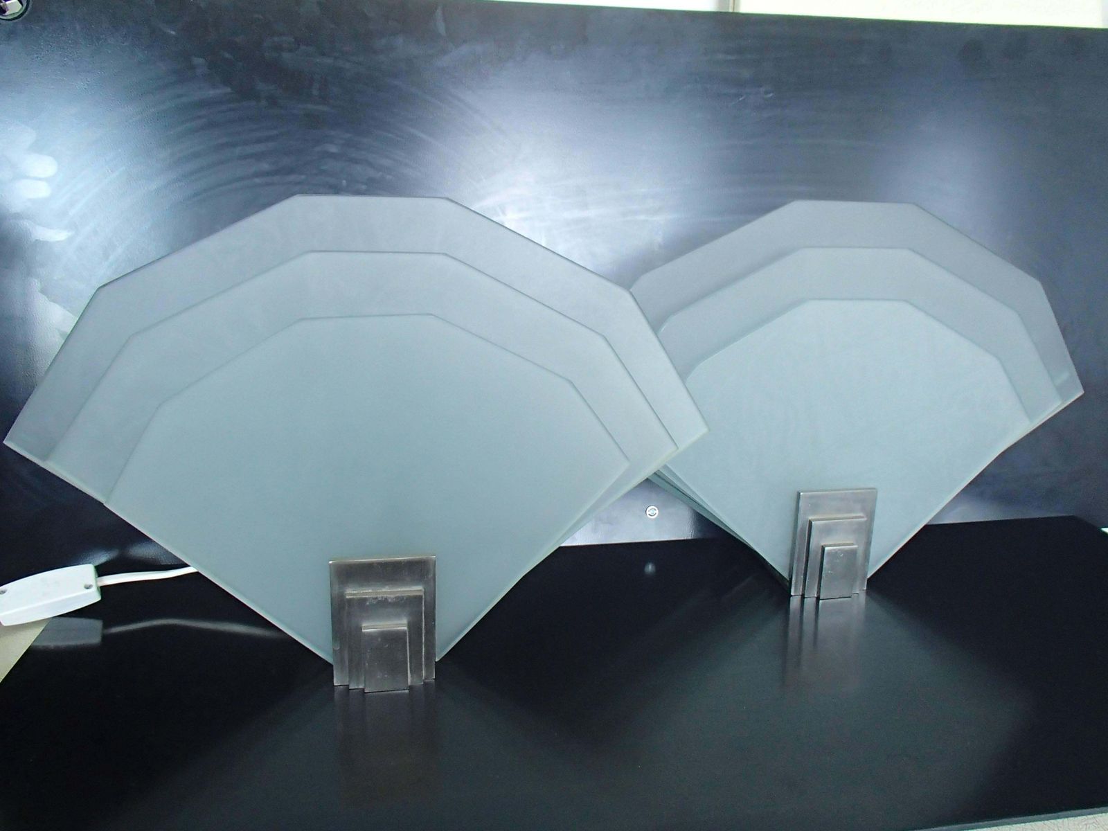 Pair Of Art Deco Cubist Wall Lights Scones Chrome And Satin Glass photo buy