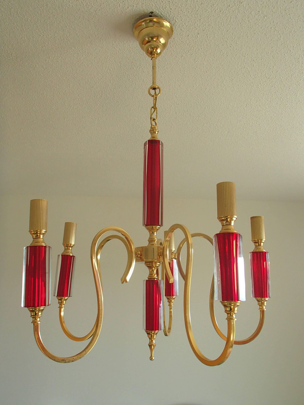 Midcentury Five Arms Chandelier Vibrant Red Bohemian Glass And Brass Plated photo for sale