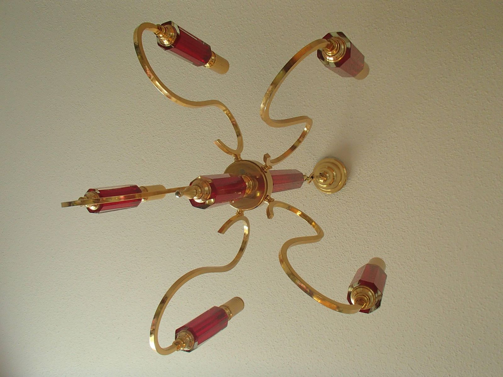 Midcentury Five Arms Chandelier Vibrant Red Bohemian Glass And Brass Plated photo 1924.0