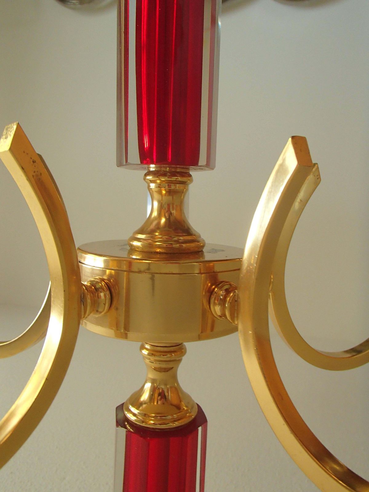 Midcentury Five Arms Chandelier Vibrant Red Bohemian Glass And Brass Plated photo vintage
