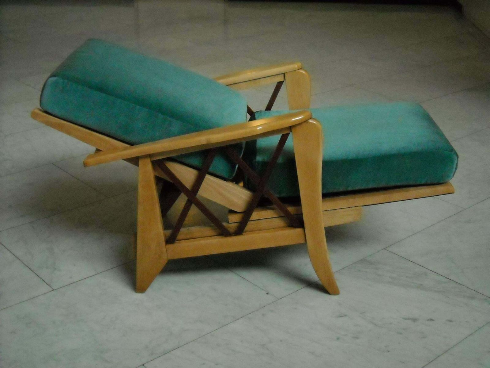 Mid Century Modern Extendable Armchair Two Tone Birch Blue Velvet Cushions photo furniture