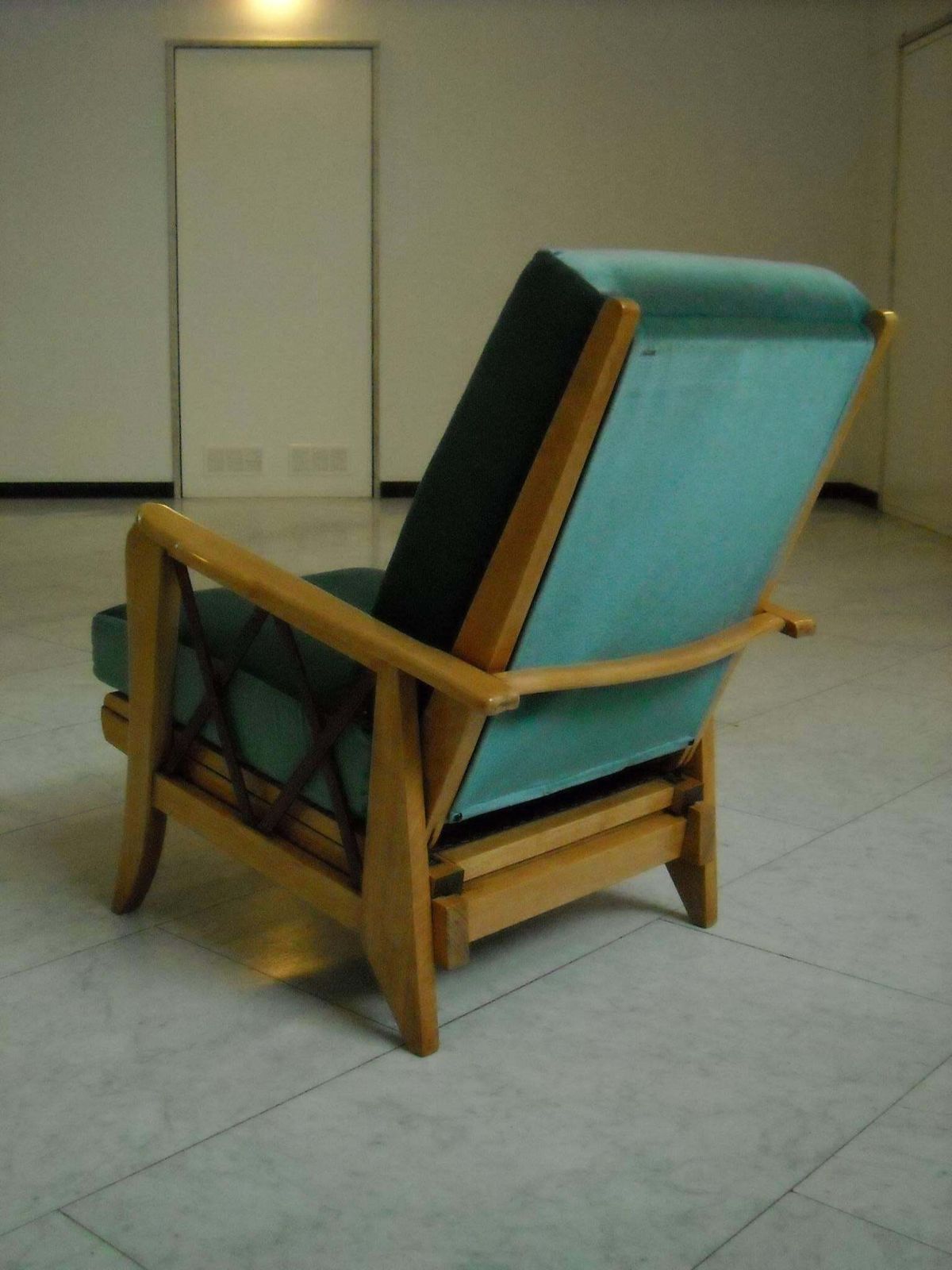 Mid Century Modern Extendable Armchair Two Tone Birch Blue Velvet Cushions photo for sale