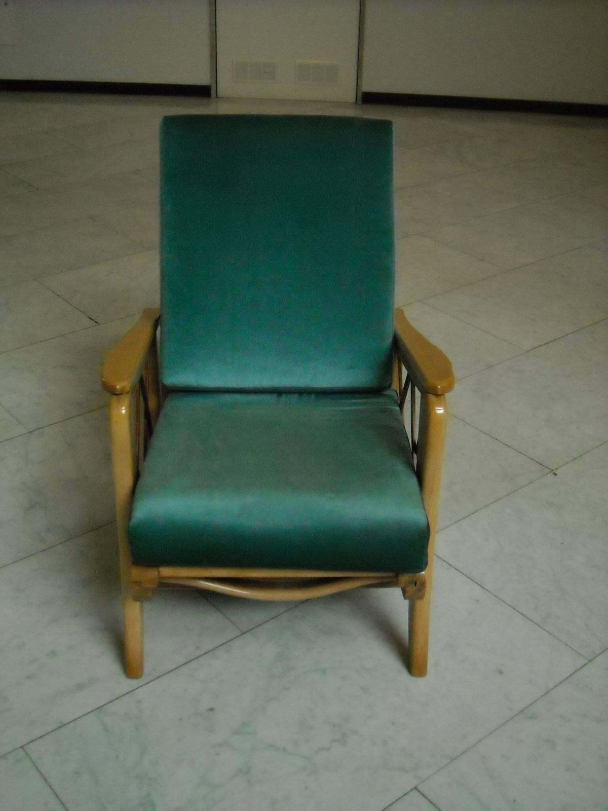 Mid Century Modern Extendable Armchair Two Tone Birch Blue Velvet Cushions photo Furniture