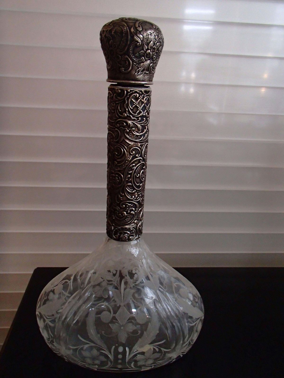 19th Century Bohemian Carafe Carved Glass, Silver Neck And Tape photo buy