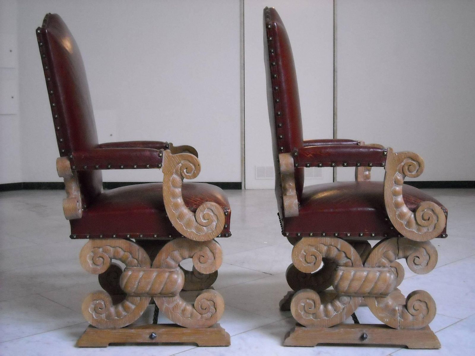 photo for sale 1940 Pair Of Side Chairs Chalked Oak And Red Leather