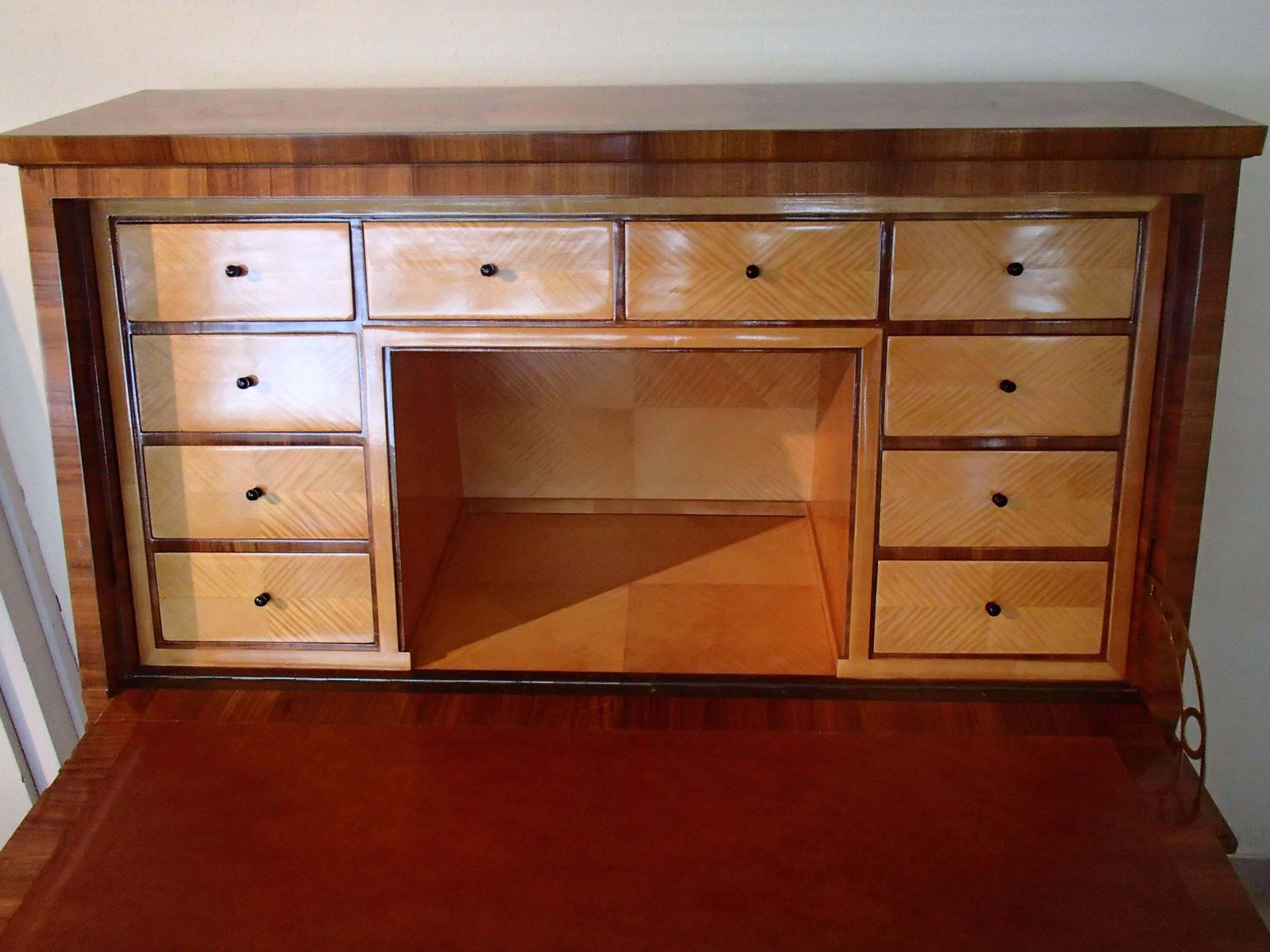 1920 Walnut Secretaire With 16 Drawers And Leather Desk photo Furniture