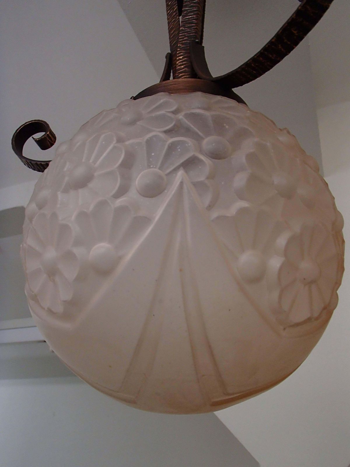 Art Deco Chandlier Copper With Pale Pink Original Floral Glass photo 717.0