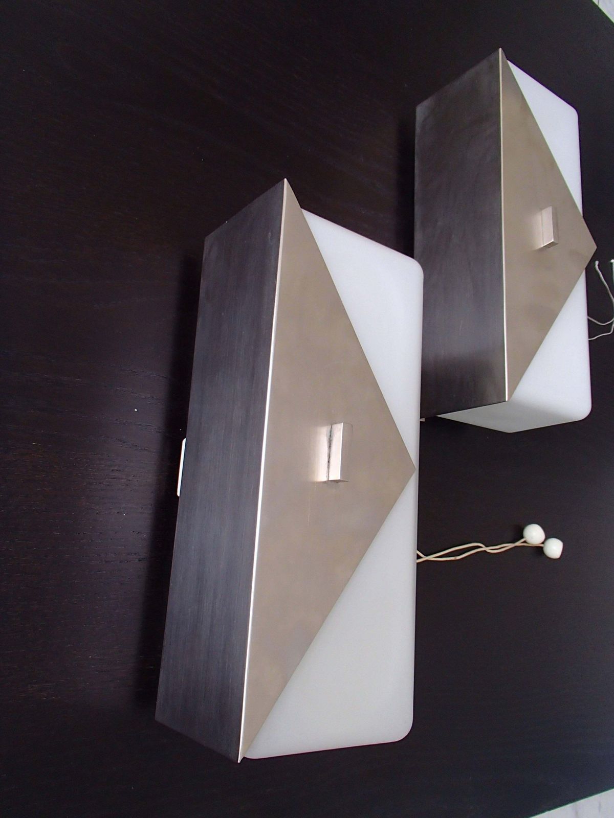 Pair Of Art Deco Wall Lights Opaline Glass And Brushed Chrome photo for sale
