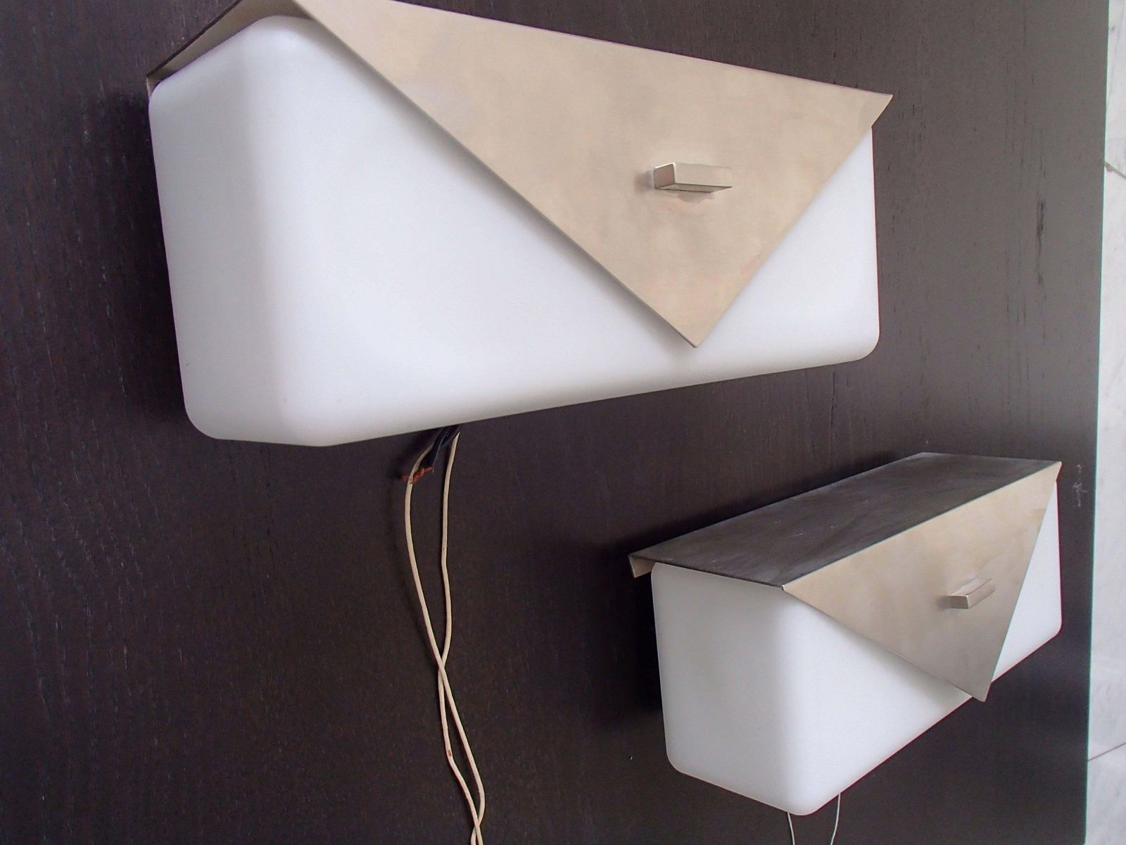 Pair Of Art Deco Wall Lights Opaline Glass And Brushed Chrome photo buy