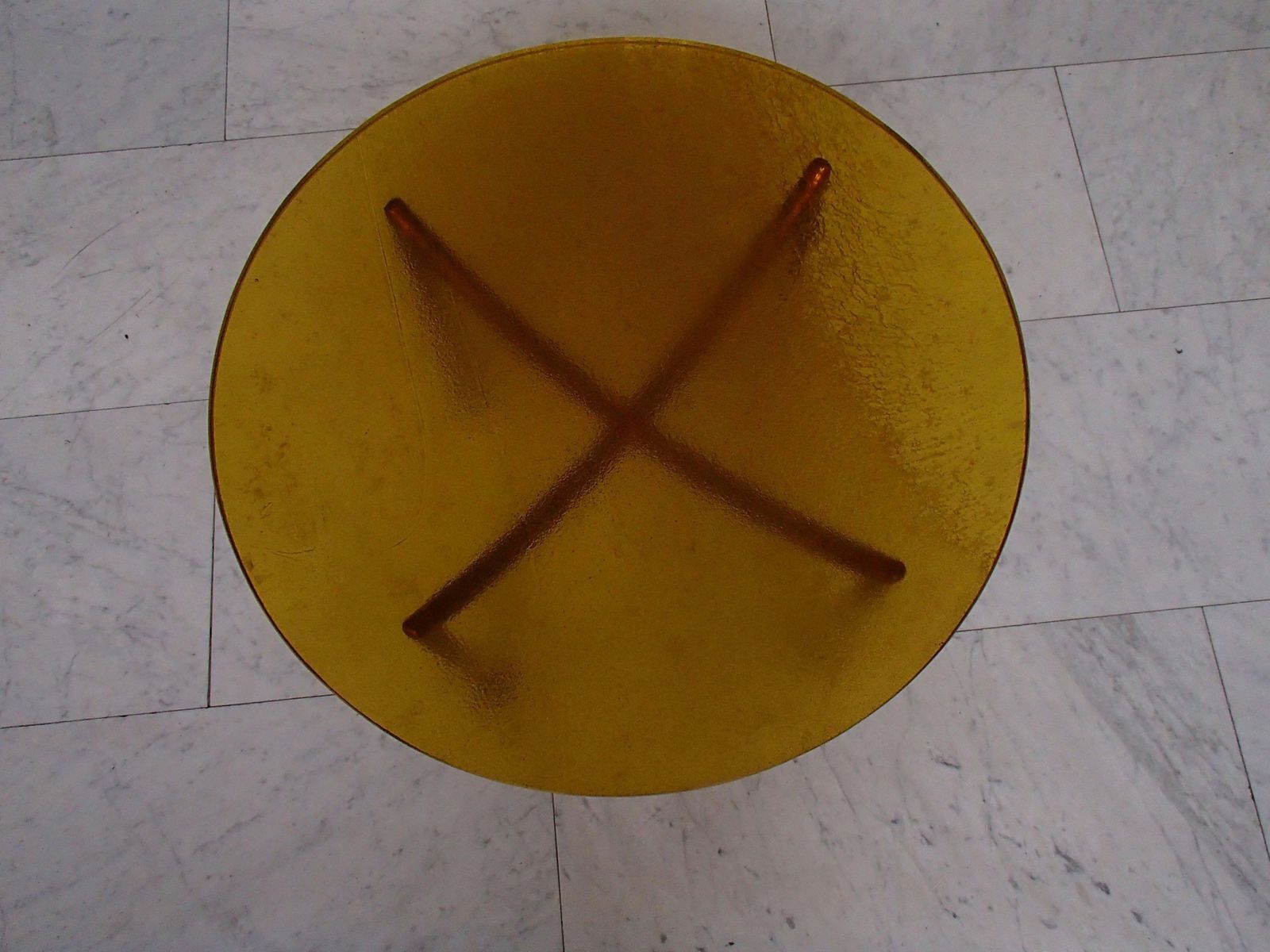 Art Deco Coffee Table Thick Yellow Orange Glasstop On Cubistic Copper Legs photo buy