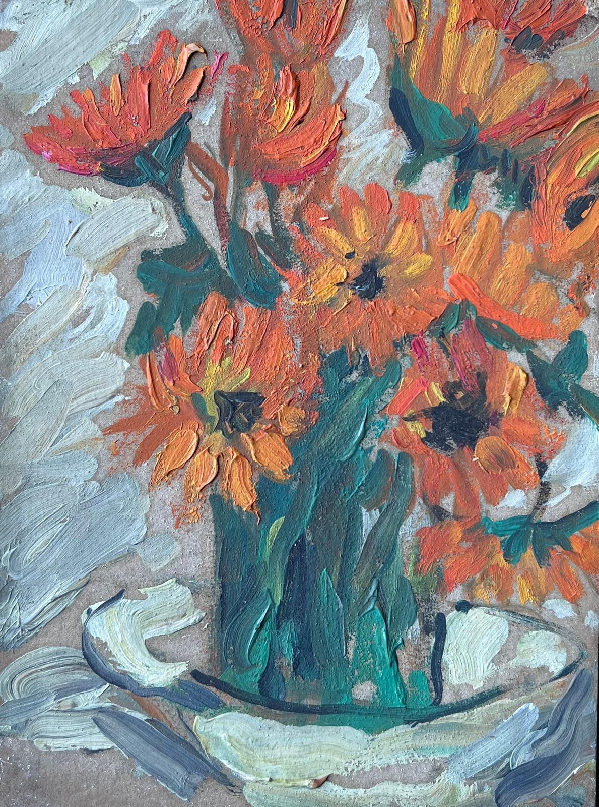 Suzanne Dinkes Mid Century French Impressionist Oil Painting Still Life Orange Sunflowers 1950's