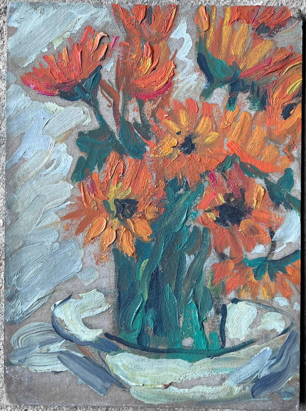 Suzanne Dinkes Mid Century French Impressionist Oil Painting Still Life Orange Sunflowers 1950's photo furniture