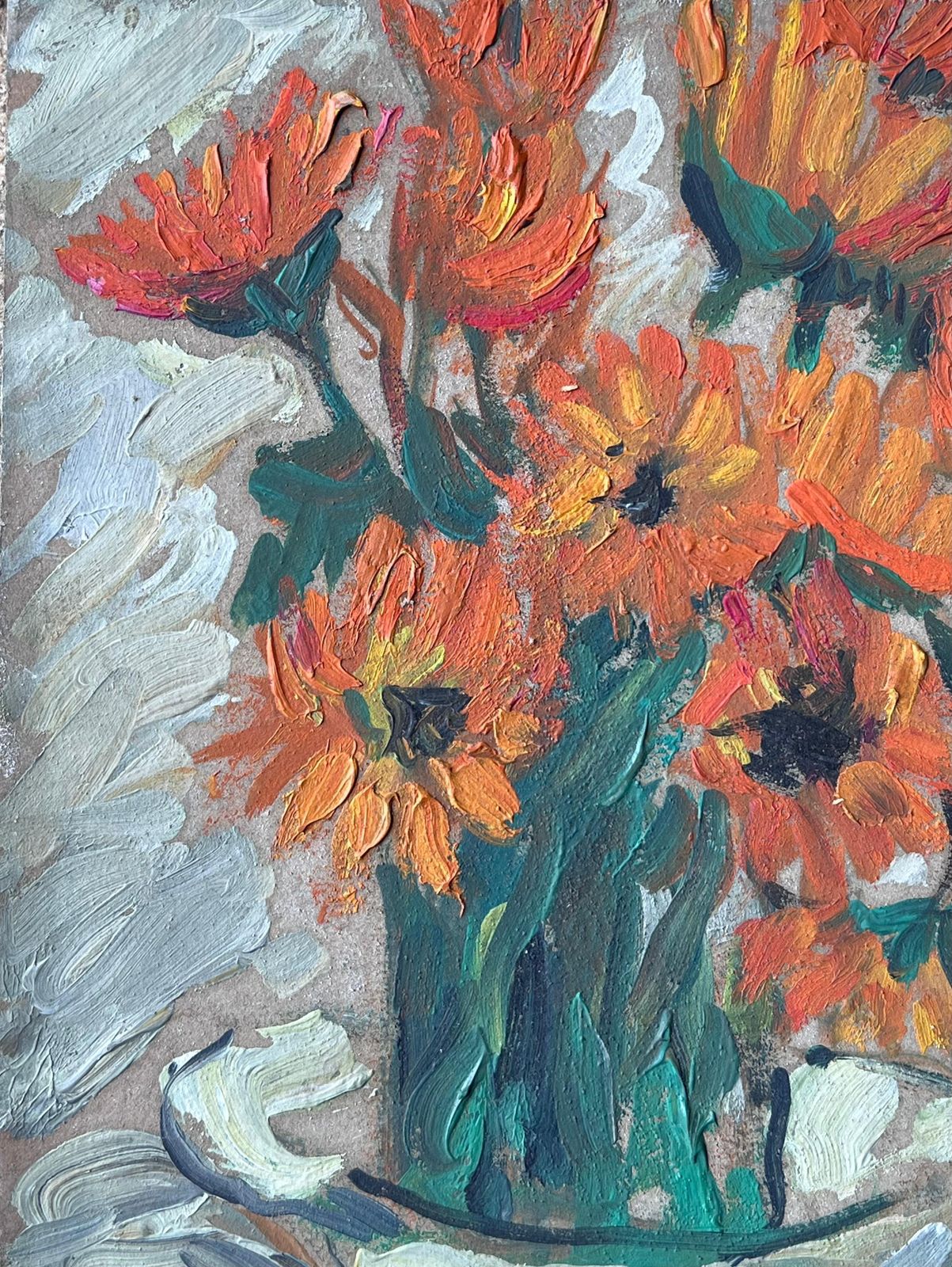 Suzanne Dinkes Mid Century French Impressionist Oil Painting Still Life Orange Sunflowers 1950's photo Art