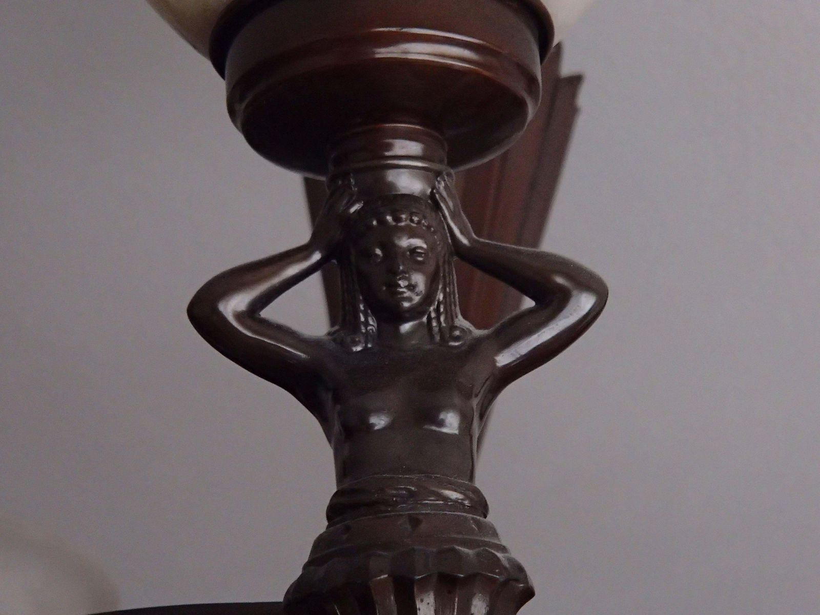 19th Century Bronze Chandelier With Five Alabaster Cups Female Figures photo vintage