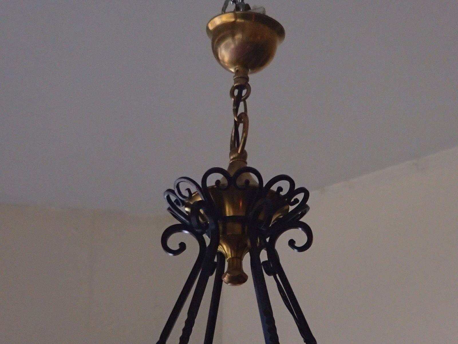 Hughes 1940 Chandelier, Wrought Iron And Brass Opal Glass photo Lighting