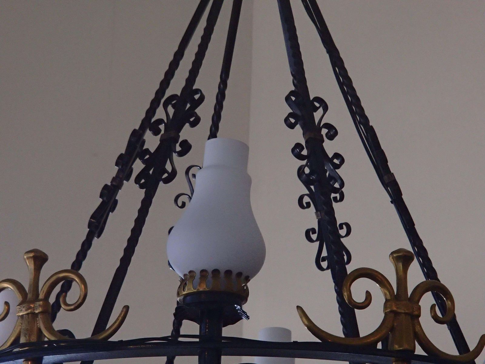 Hughes 1940 Chandelier, Wrought Iron And Brass Opal Glass photo 2799.0