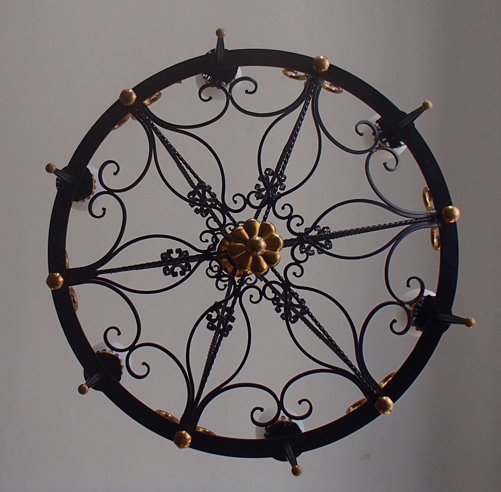 Hughes 1940 Chandelier, Wrought Iron And Brass Opal Glass photo vinterior
