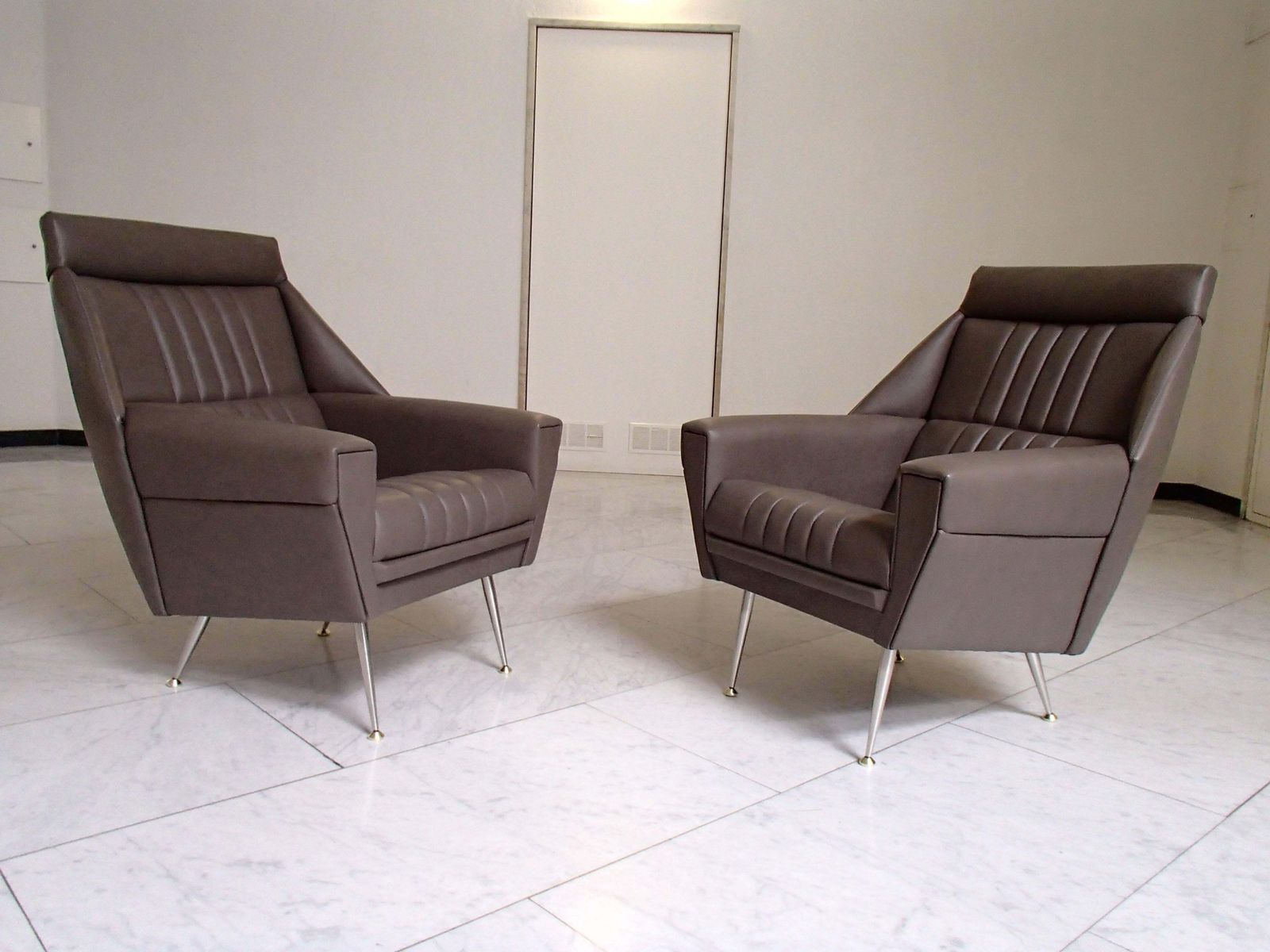 Pair Of Mid Century Modern Armchairs Grey Greenish Leather photo furniture