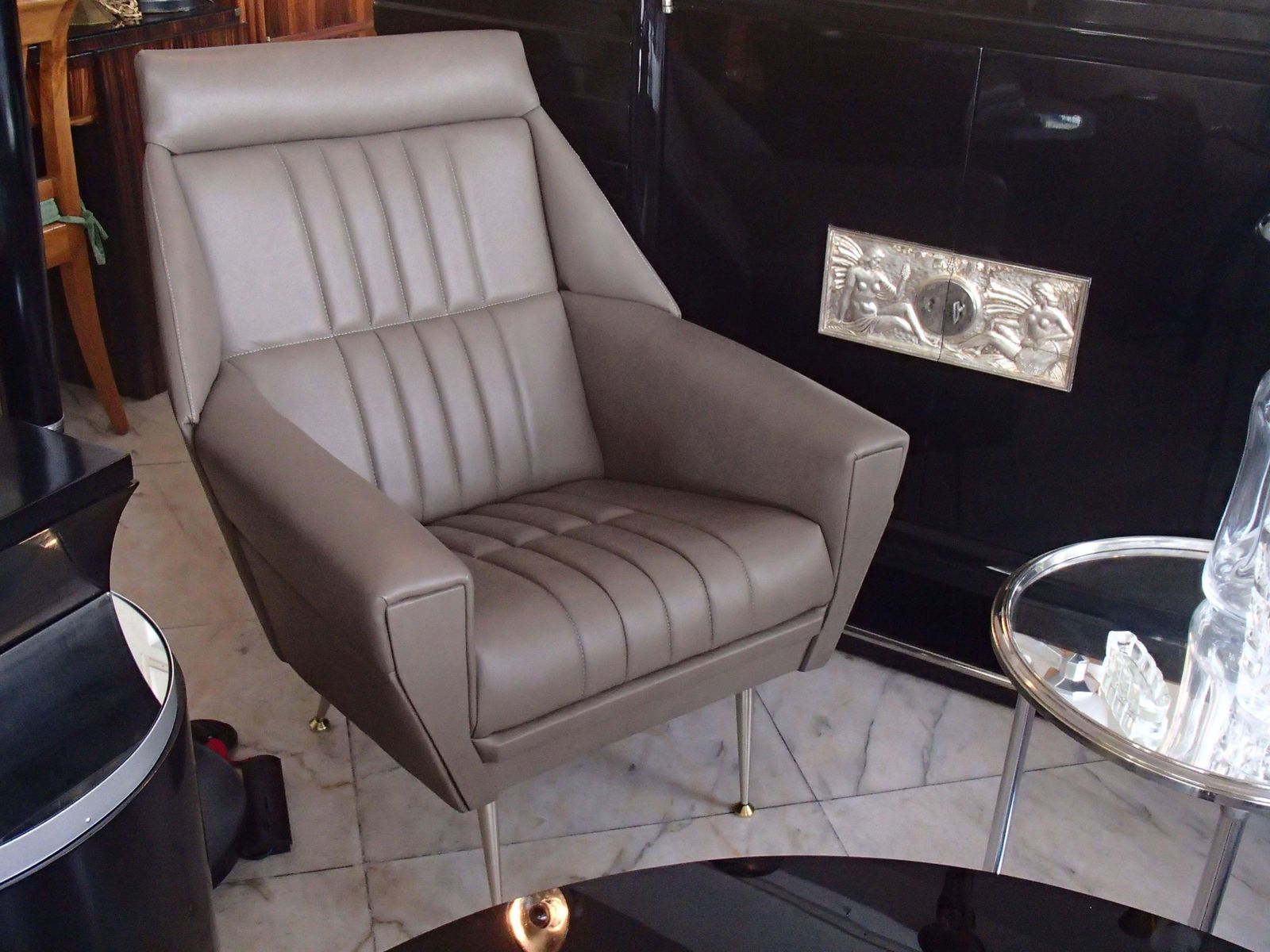 photo for sale Pair Of Mid Century Modern Armchairs Grey Greenish Leather