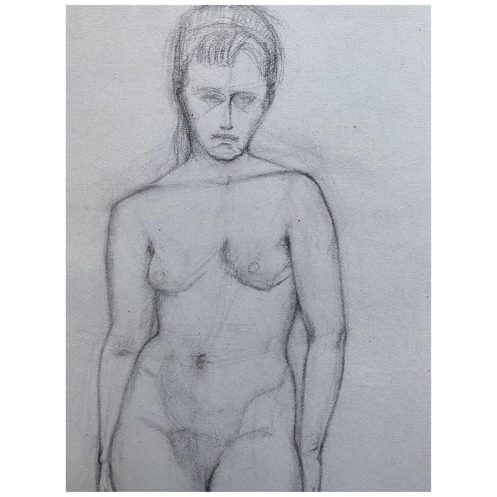 Unknown Mid 20th Century French Charcoal Drawing, Portrait Of A Standing Nude Women