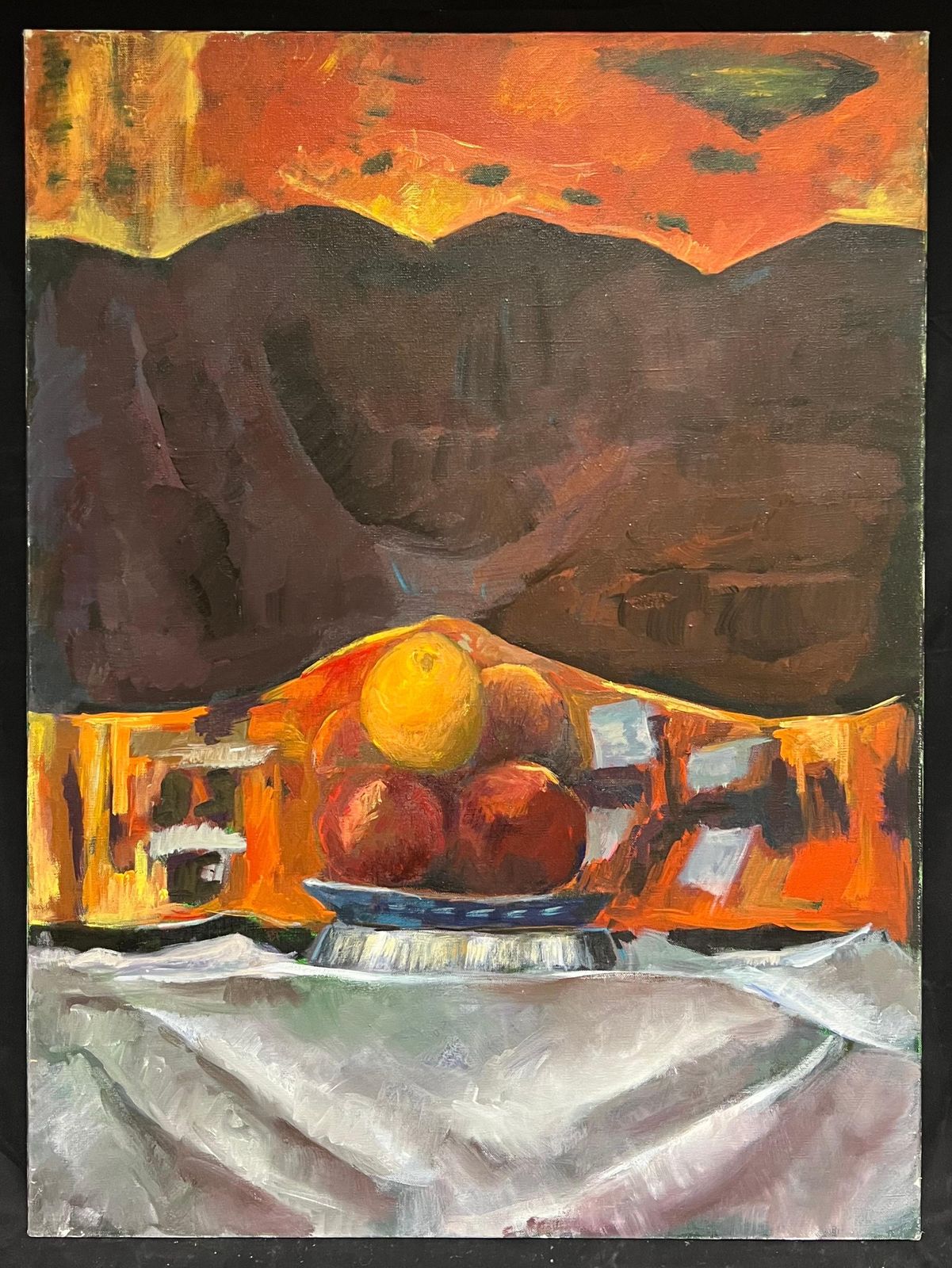 Guy Nicod Orange And Apples Fruit Bowl Brown Interior Still Life 20th Century French Oil photo furniture