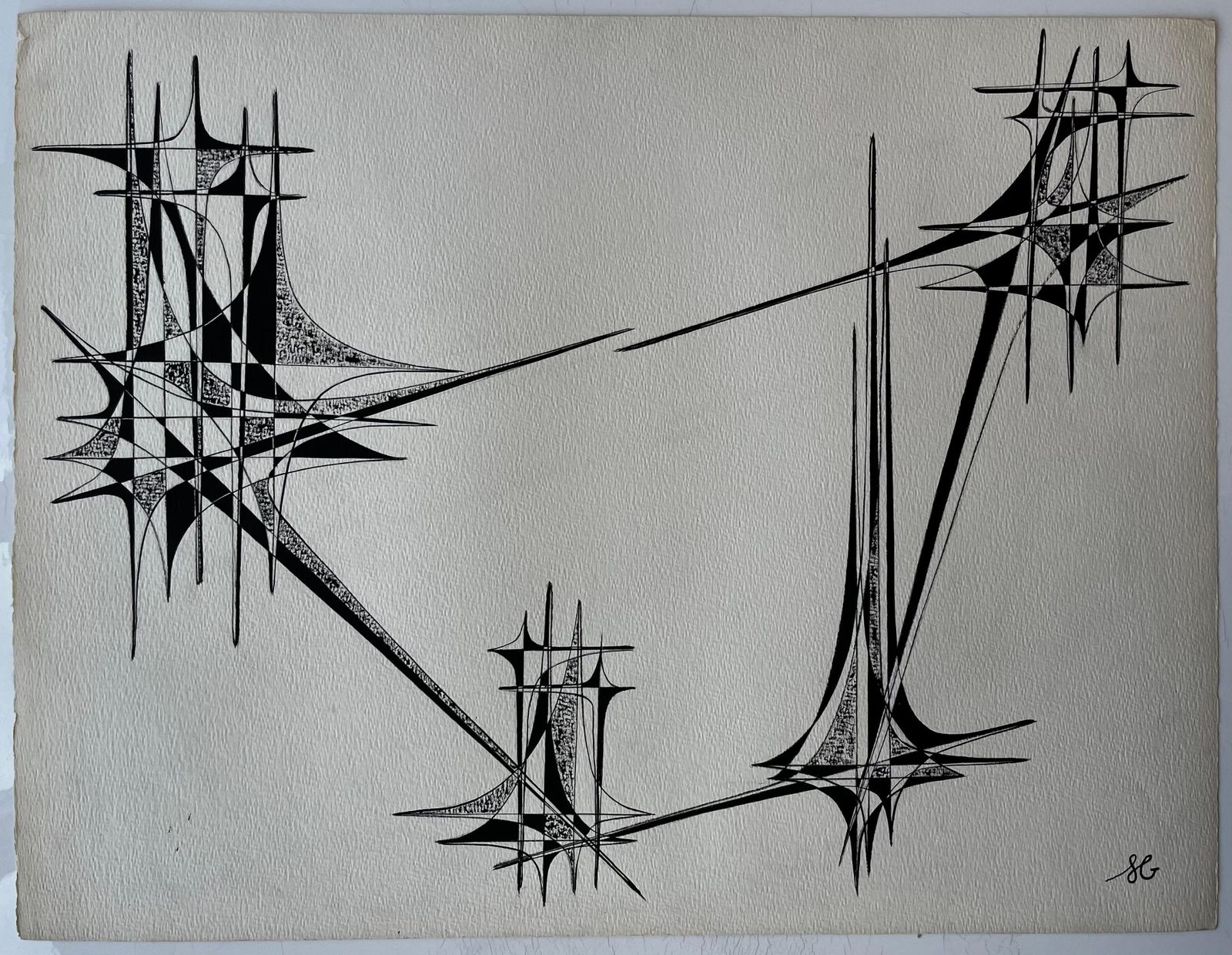 Serge Guerin (1916) Mid Century French Architectural Abstract Ink Drawing Signed Sg photo furniture