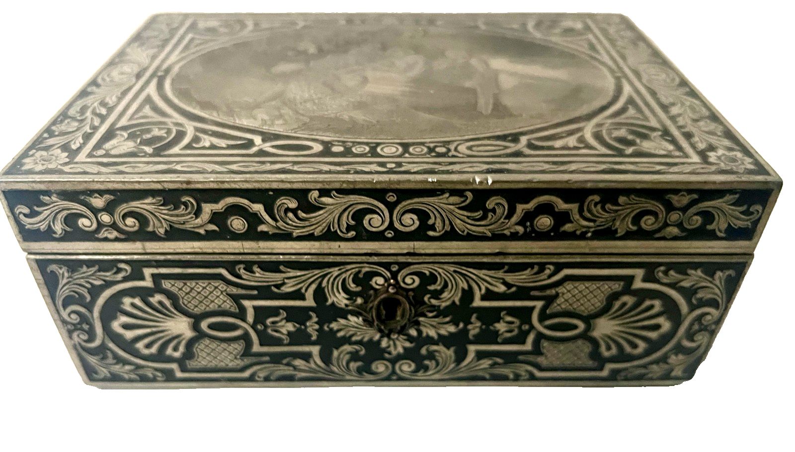 20th Century Marquetry Jewelry Box With Engraved Metal Depicting A Lively Scene photo for sale