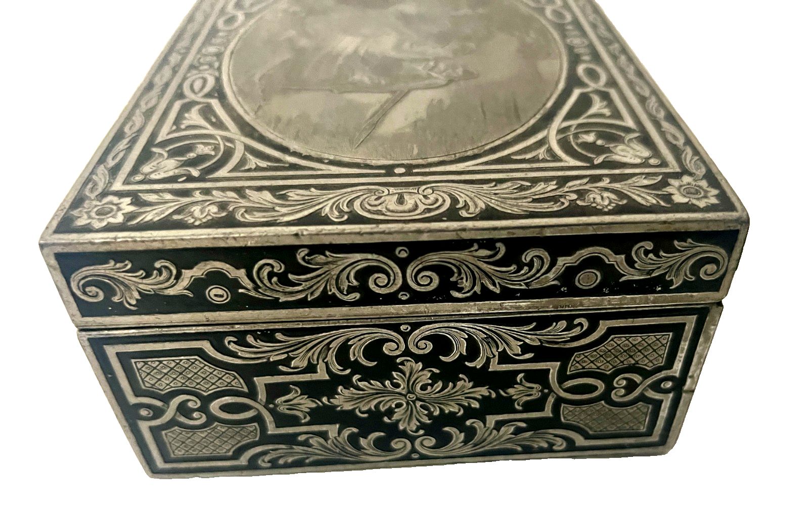 20th Century Marquetry Jewelry Box With Engraved Metal Depicting A Lively Scene photo Home Decor