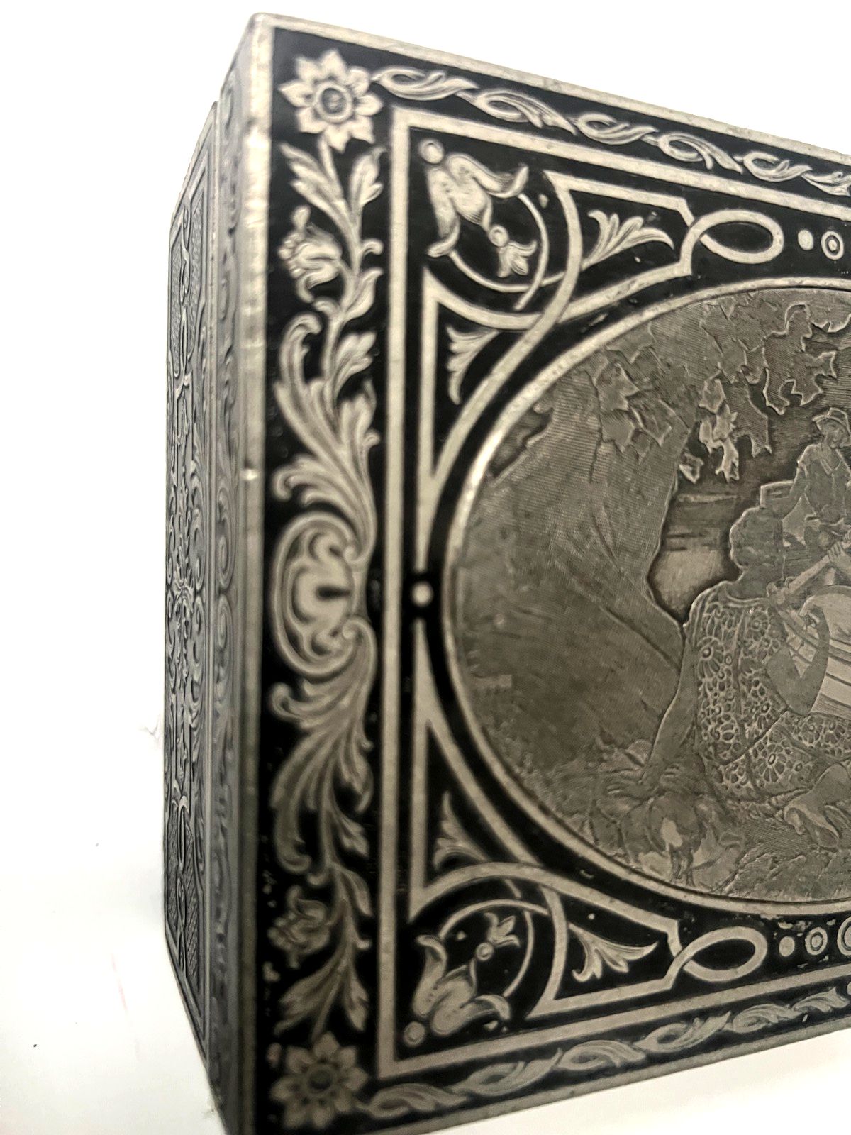 20th Century Marquetry Jewelry Box With Engraved Metal Depicting A Lively Scene photo buy
