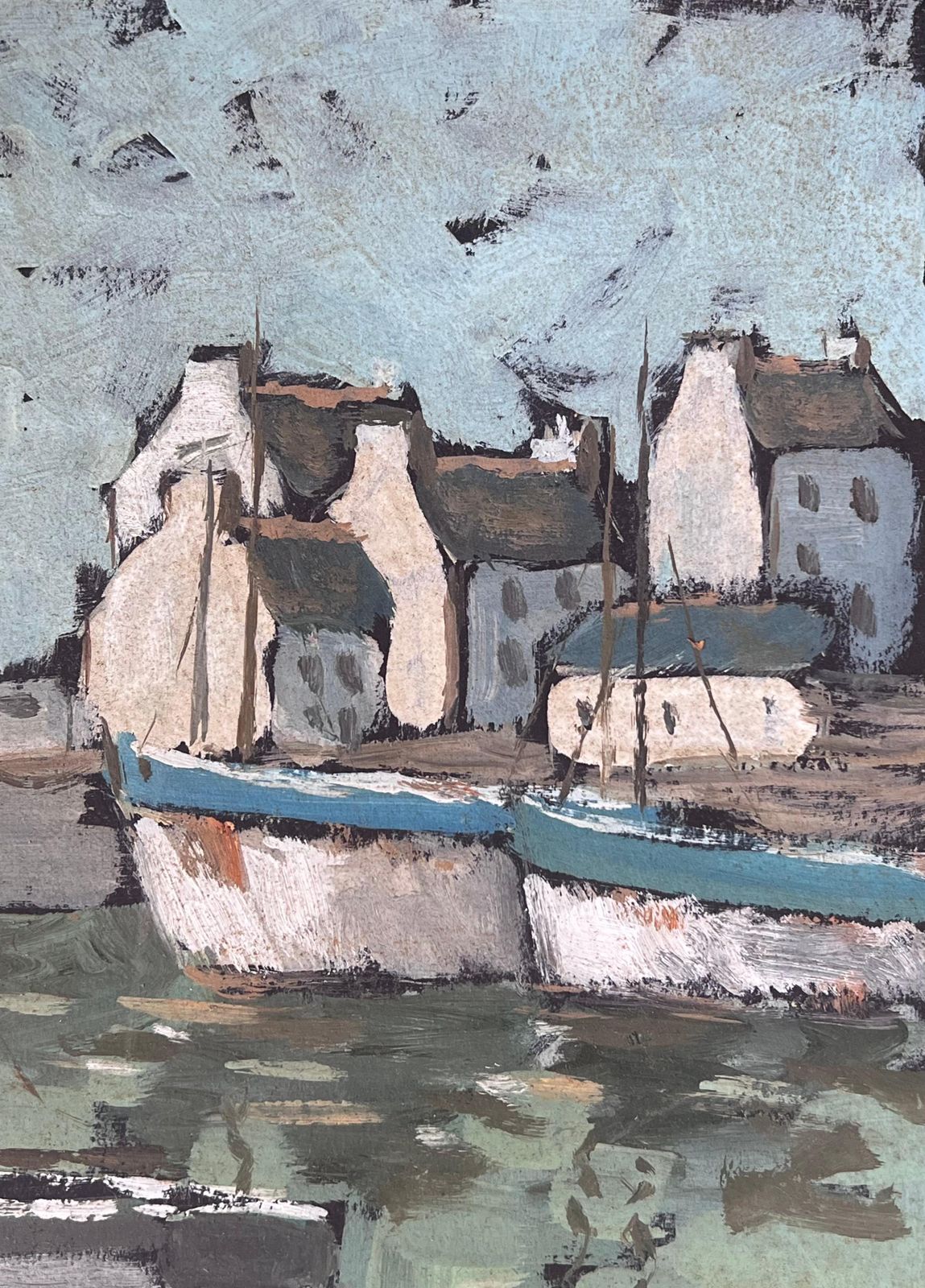 Fanch Lel Quiet Grey Boat Harbour In Breton France French Framed Oil Landscape Painting photo for sale