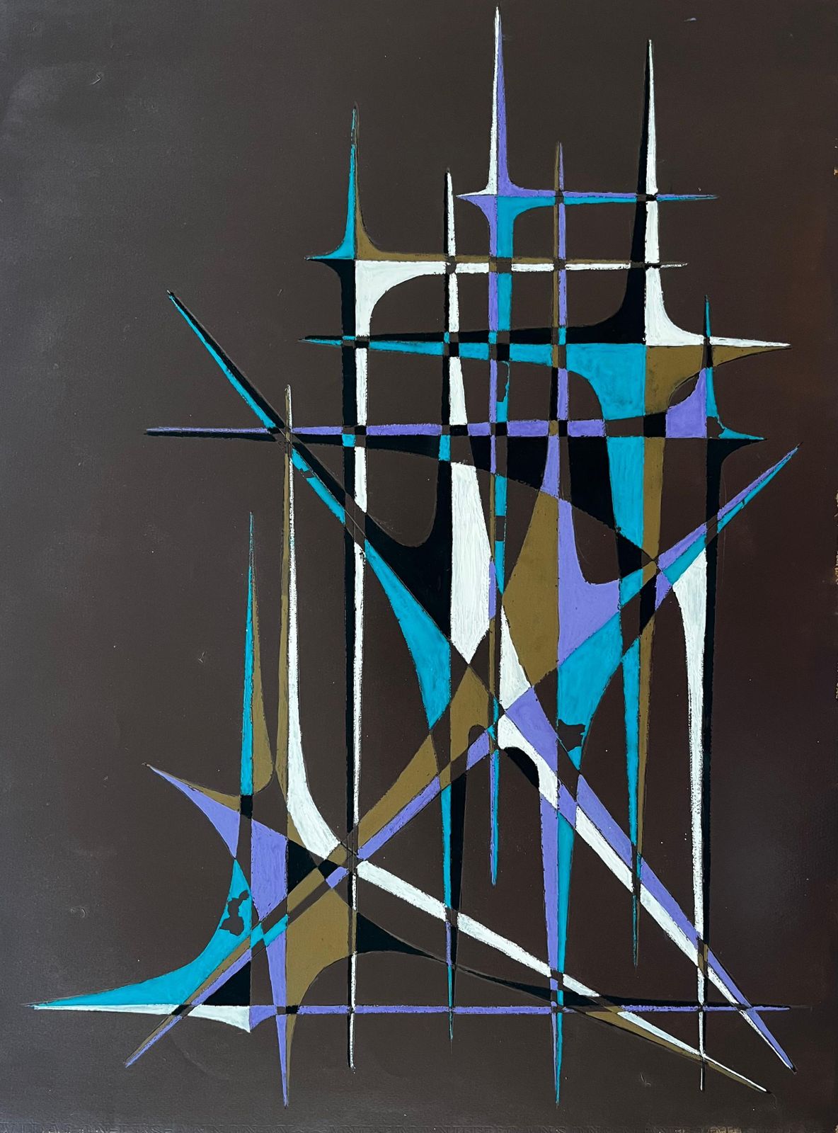 Serge Guerin (1916) Mid Century French Geometric Abstract With Spires In Teal Purple And White