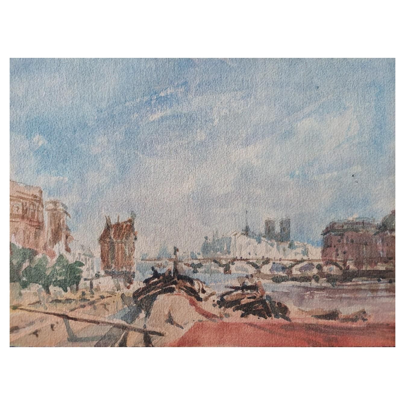 Maurice Mazeilie French Modernist Cubist Painting Paris River Seine Barges 20th Century