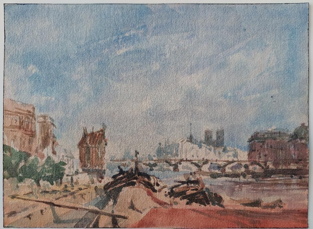 Maurice Mazeilie French Modernist Cubist Painting Paris River Seine Barges 20th Century photo vintage