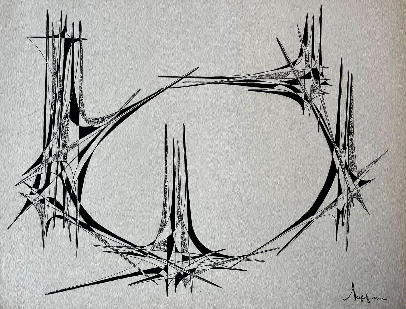 Serge Guerin (1916) Mid Century French Geometric Abstract Circular Composition Ink On Paper