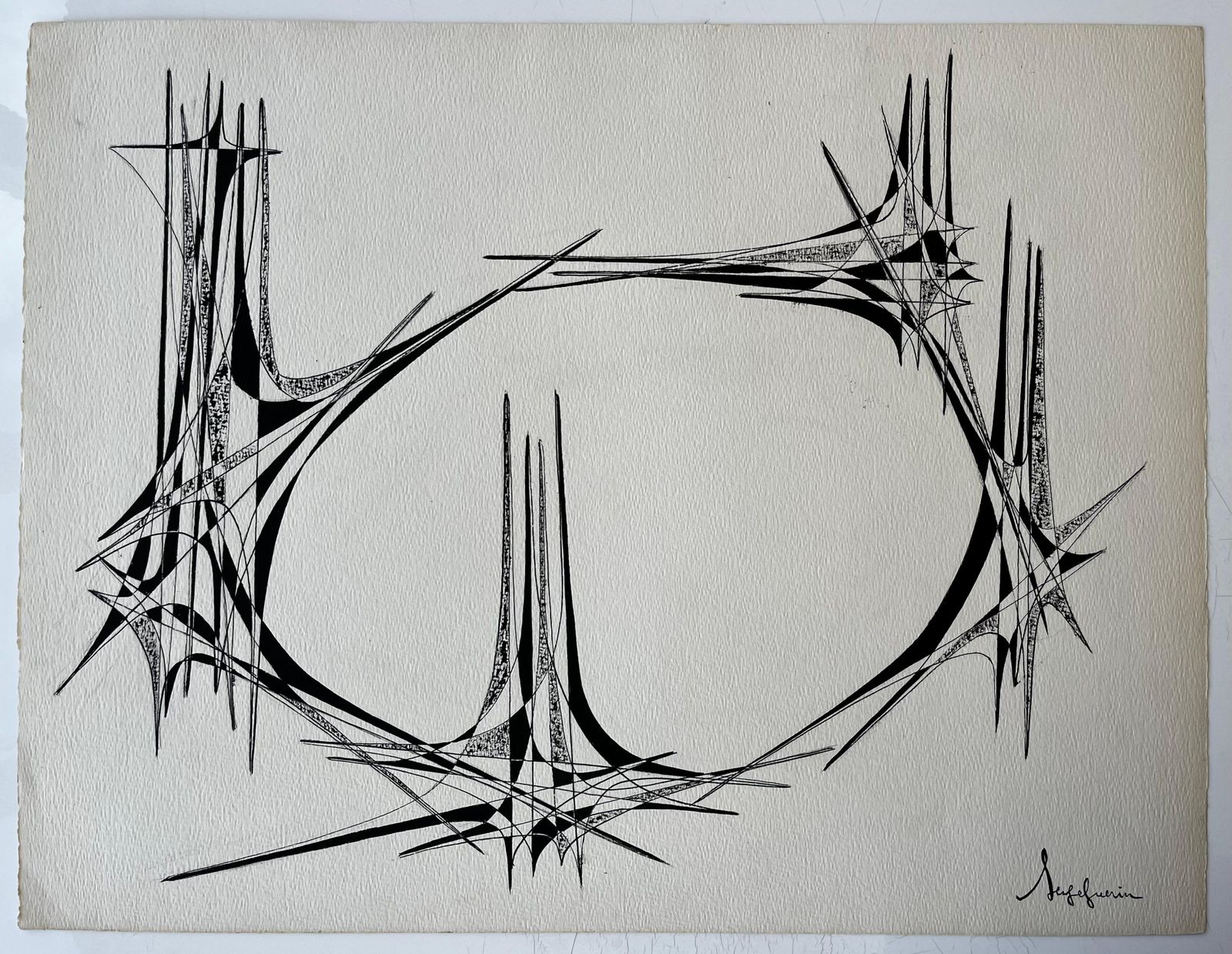 Serge Guerin (1916) Mid Century French Geometric Abstract Circular Composition Ink On Paper photo furniture