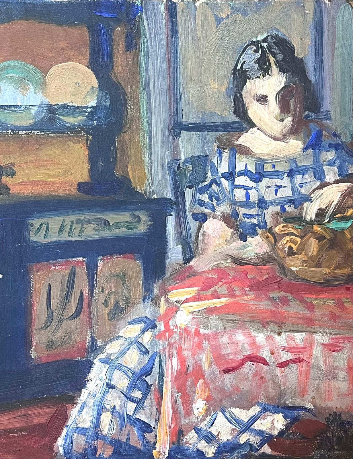 French School 1930's French Post Impressionist Oil Lady Seated Kitchen Table Interior Dresser 1930's photo for sale