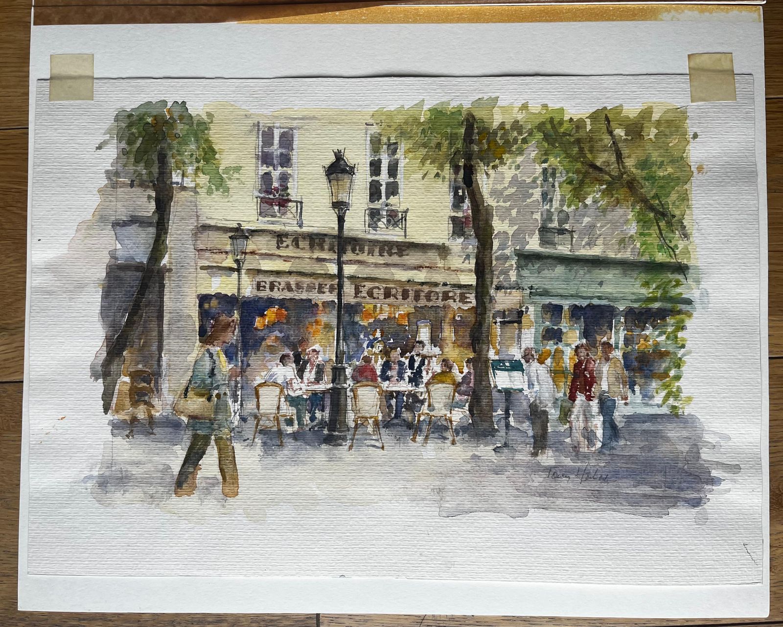 Anthony Herbert Parisian Street Café Scene With Diners And Trees Original City Watercolour photo vintage