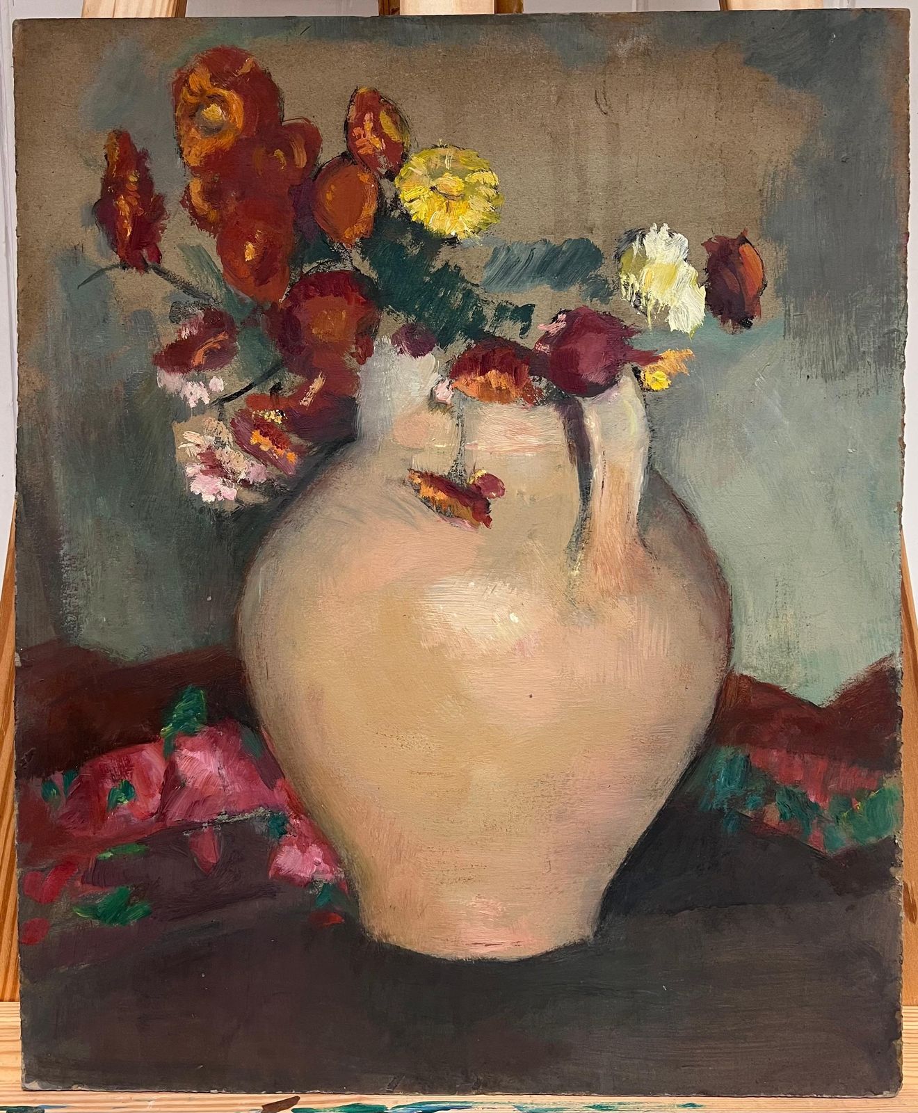 Cécile Hertz Eyrolles (1875 1974) 1930's French Post Impressionist Oil Still Life Flowers In Earthen Vase photo furniture