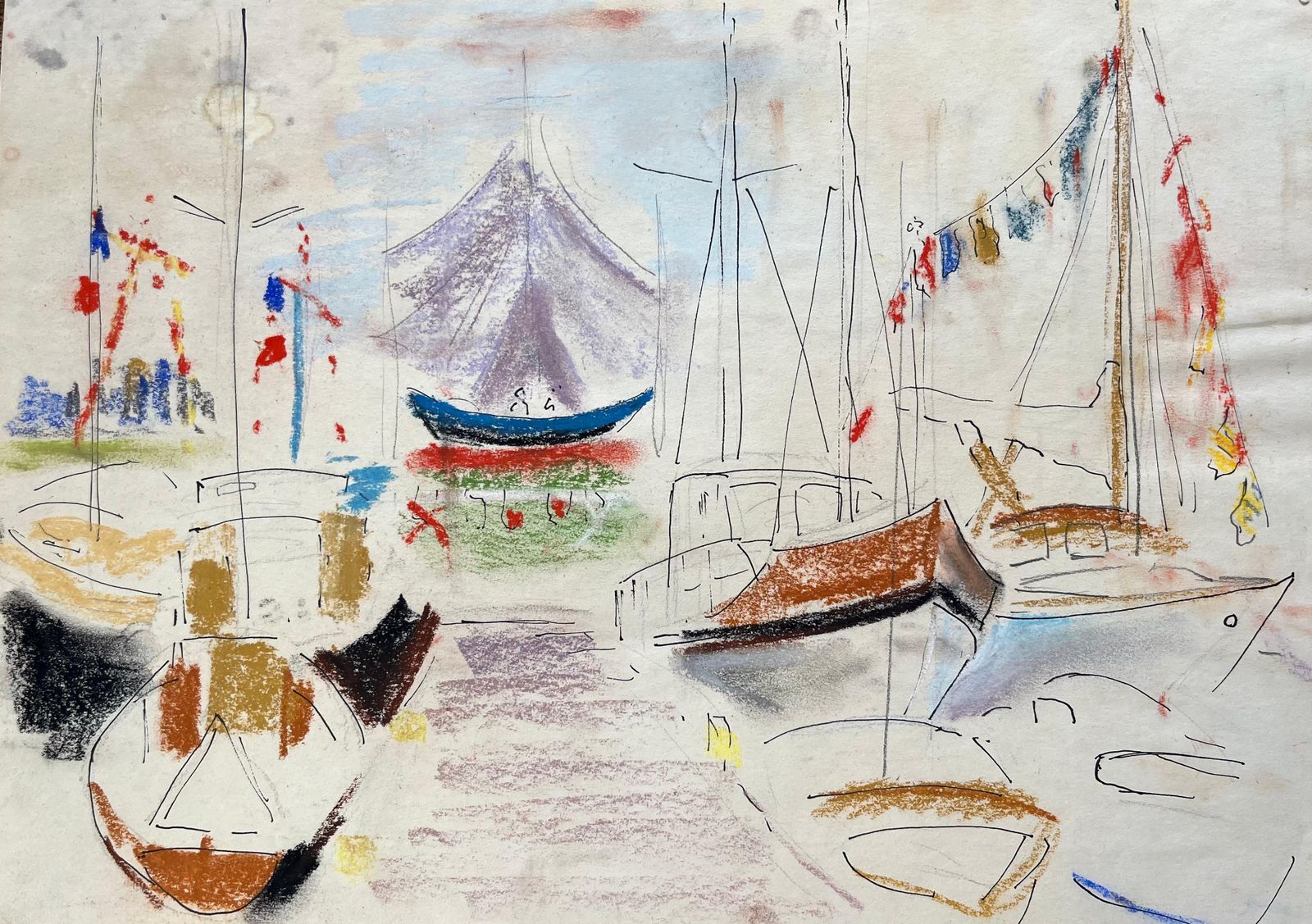 Anne Marie Migette Perard Mid 20th Century Post Impressionist Pastel Drawing Of Colourful Marina Scene