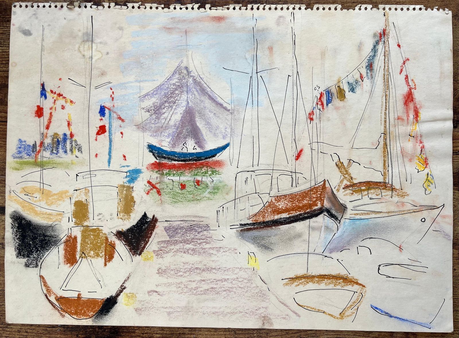 Anne Marie Migette Perard Mid 20th Century Post Impressionist Pastel Drawing Of Colourful Marina Scene photo furniture