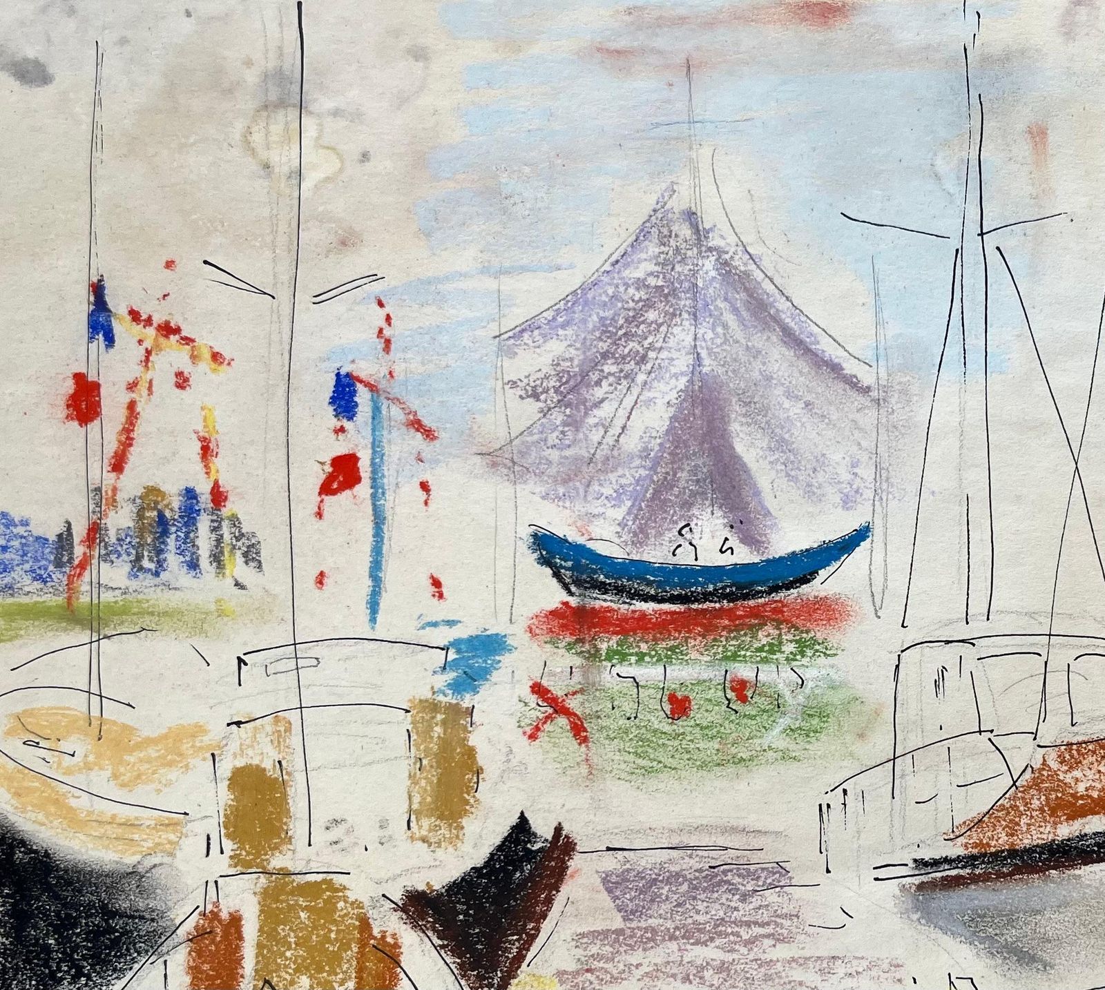 Anne Marie Migette Perard Mid 20th Century Post Impressionist Pastel Drawing Of Colourful Marina Scene photo vinterior