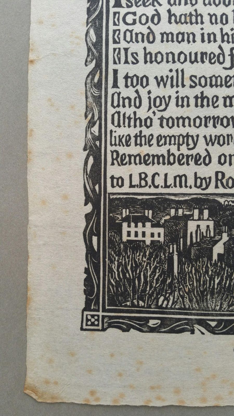 Unknown English Antique Woodcut Engraving, Signed, Of Prose By Robert Bridges Circa 1920 1930 photo for sale