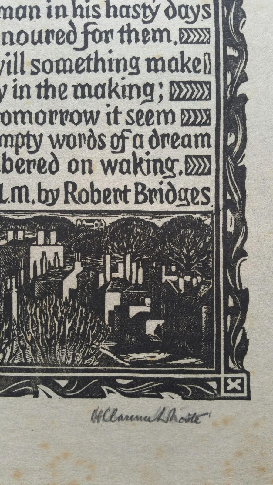 Unknown English Antique Woodcut Engraving, Signed, Of Prose By Robert Bridges Circa 1920 1930 photo 175.0