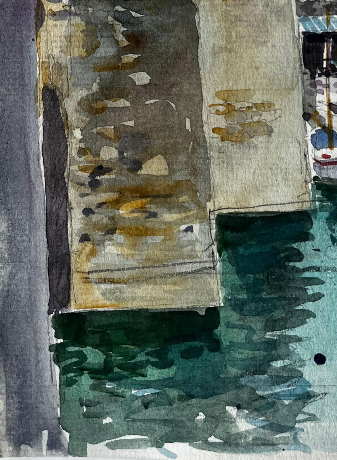 Pierre Neveu French Harbour Scene With Boats And Stone Buildings Brittany Coastal Watercolour photo for sale