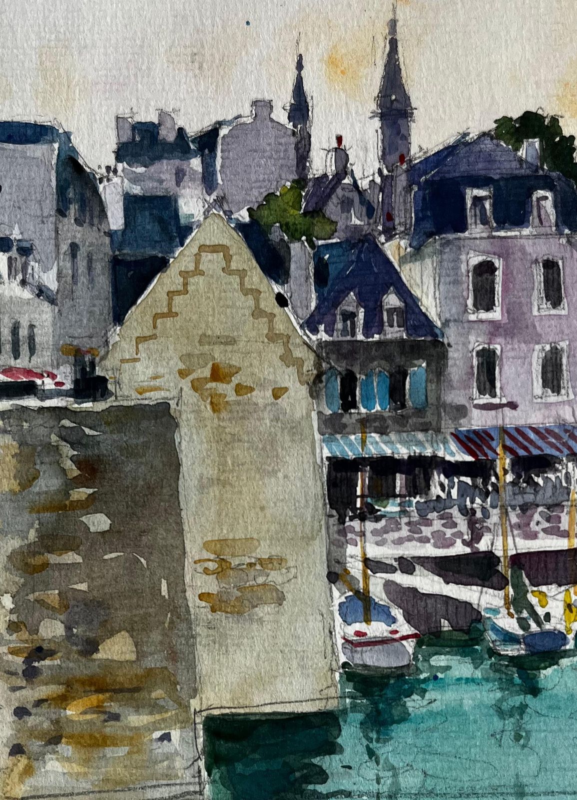 Pierre Neveu French Harbour Scene With Boats And Stone Buildings Brittany Coastal Watercolour photo Art