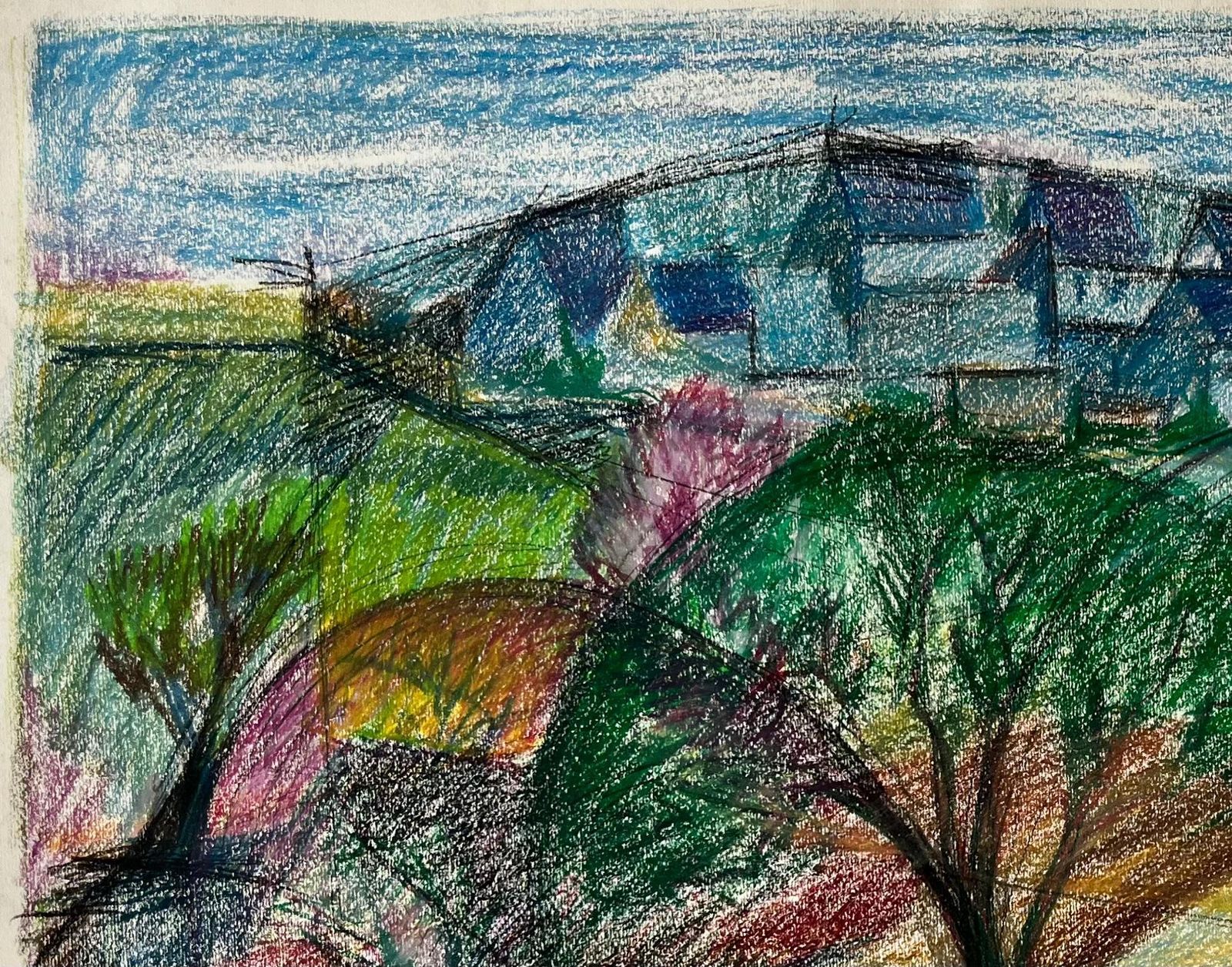 French Village Landscape With Trees And Hilltop Houses Pastel Drawing photo Art
