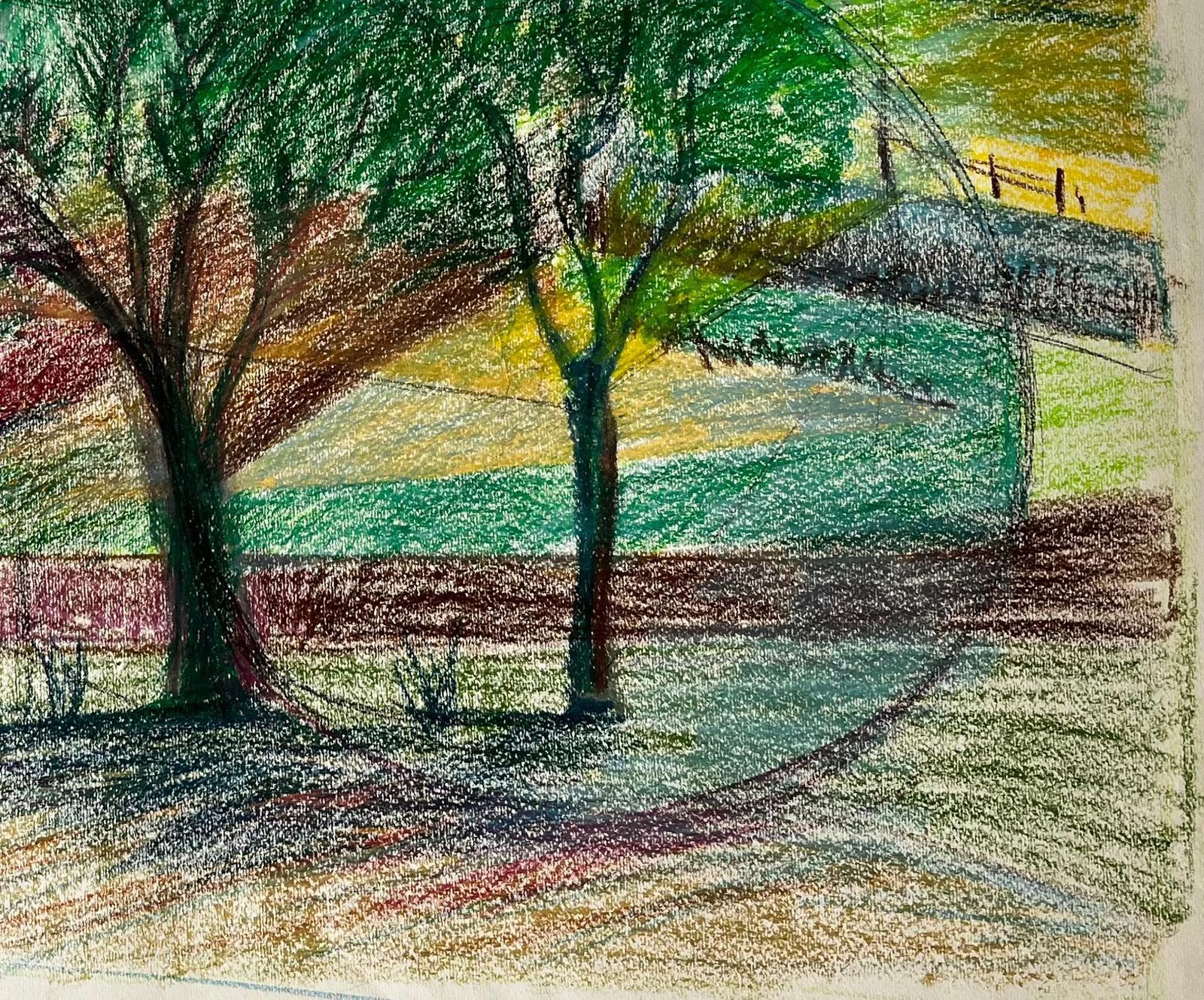 French Village Landscape With Trees And Hilltop Houses Pastel Drawing photo 645.0