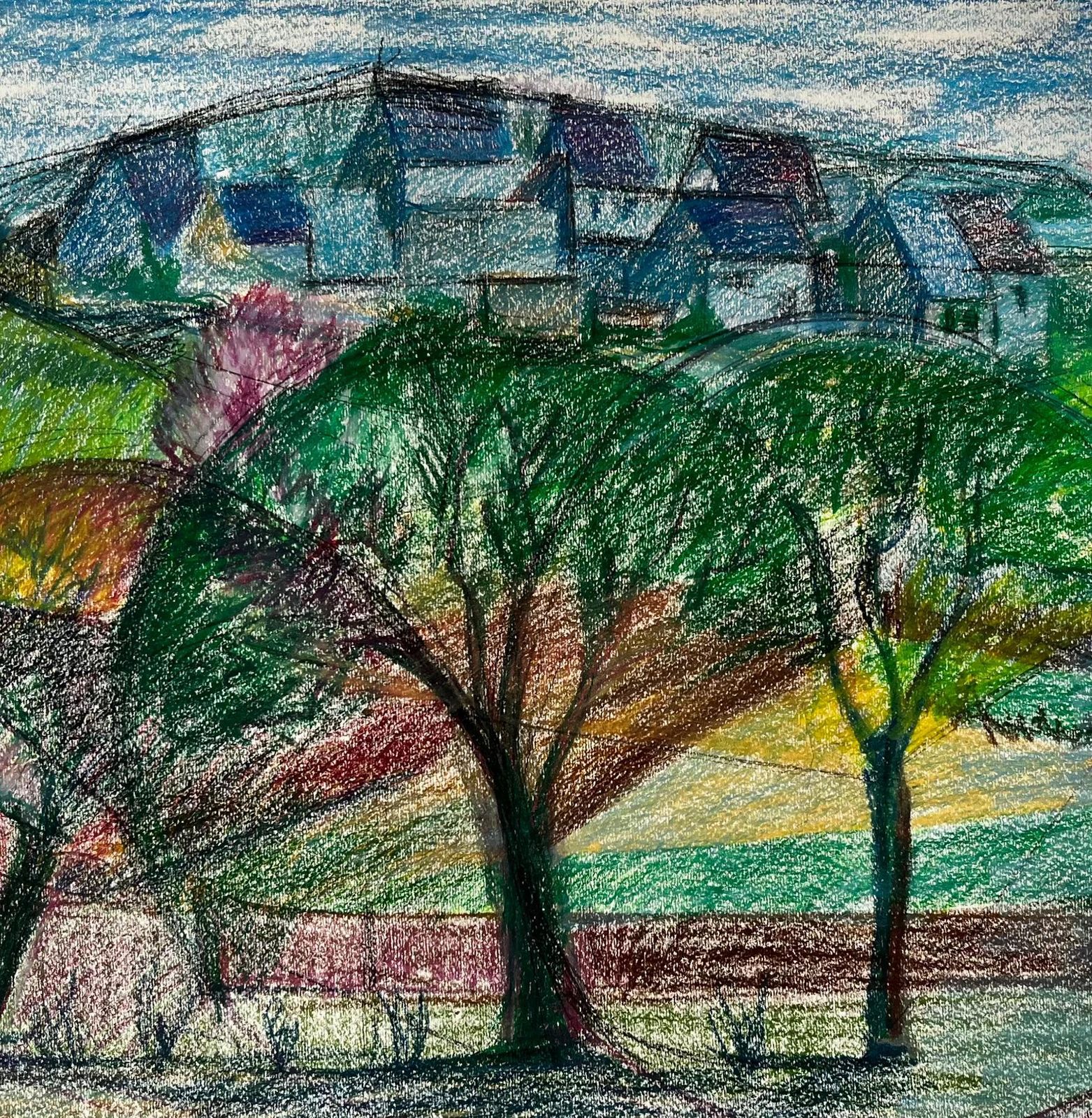 French Village Landscape With Trees And Hilltop Houses Pastel Drawing photo buy
