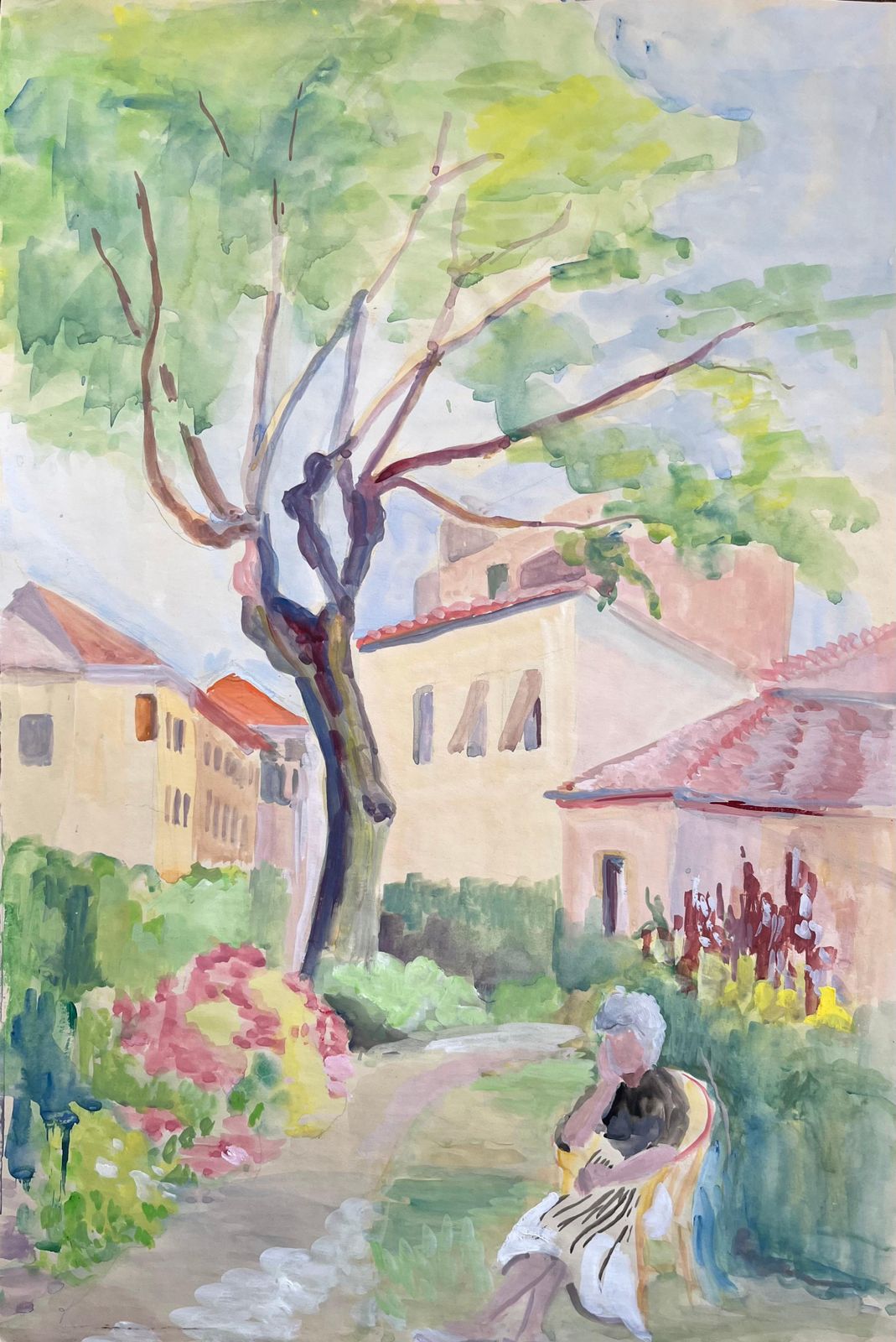 Anne Marie Migette Perard Mid Century French Watercolour Of Woman Seated In Garden With Pink Flowers